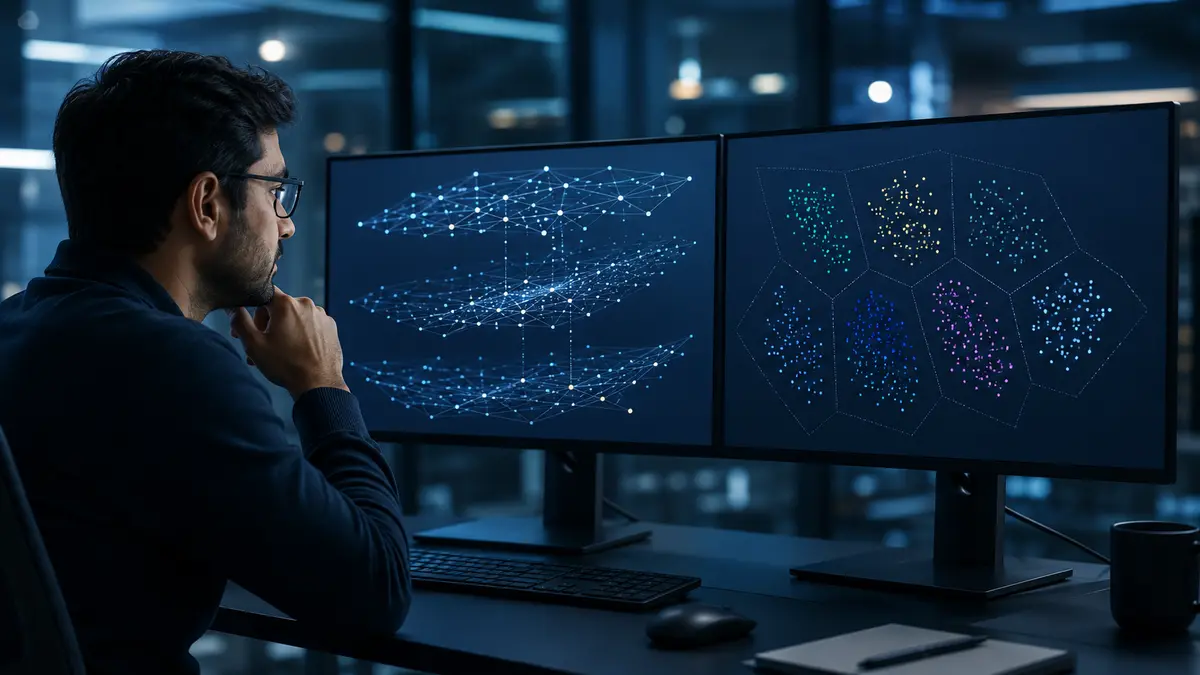 Engenheiro analisando estruturas de índices HNSW e IVFFlat para busca vetorial