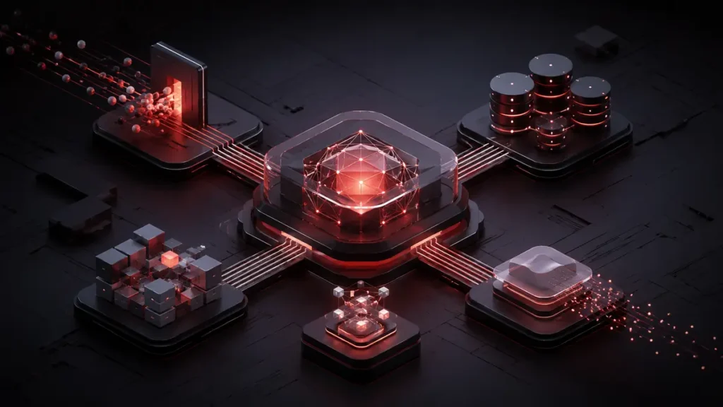 Núcleo modular de uma aplicação web conectado a rotas, banco de dados, cache e processamento
