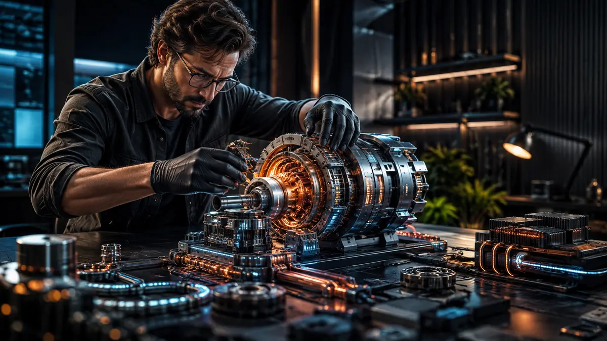Desenvolvedor montando um mecanismo de software preciso que representa desempenho e segurança de memória