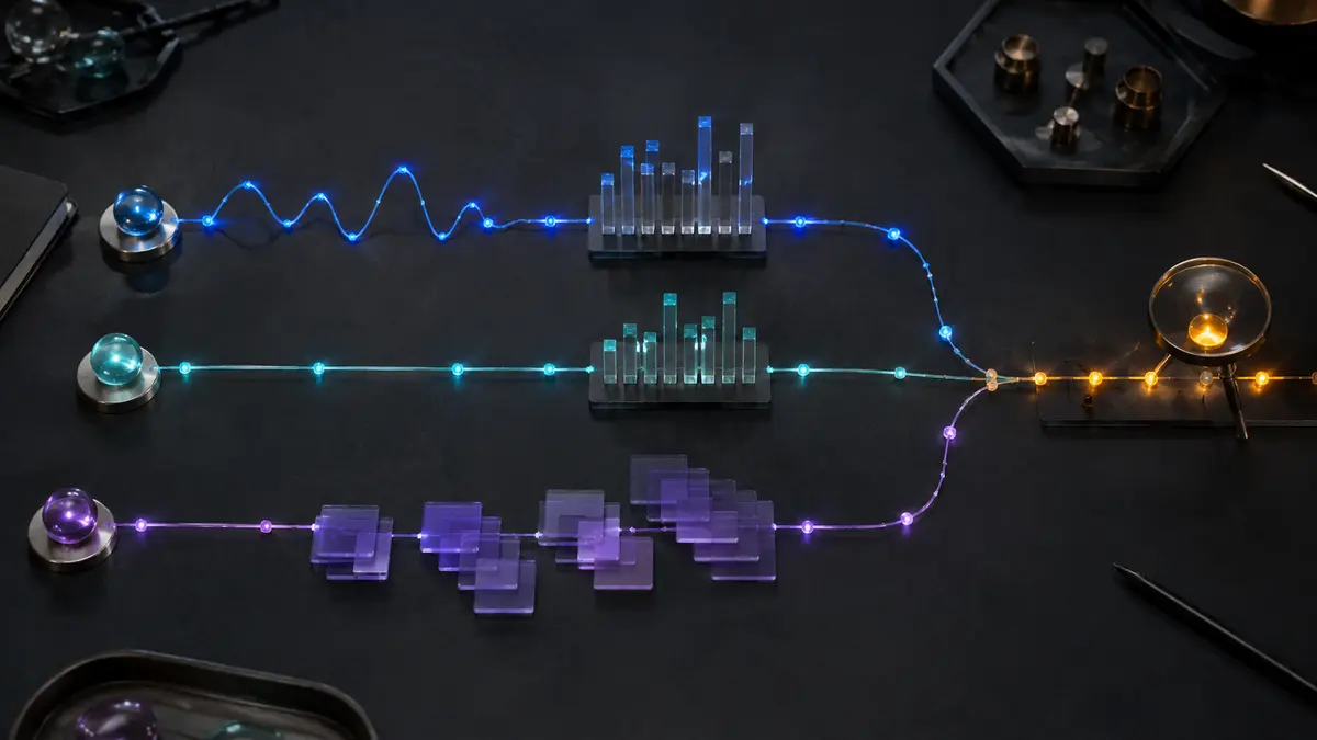 Representação visual de logs, métricas e traces convergindo em uma linha de investigação