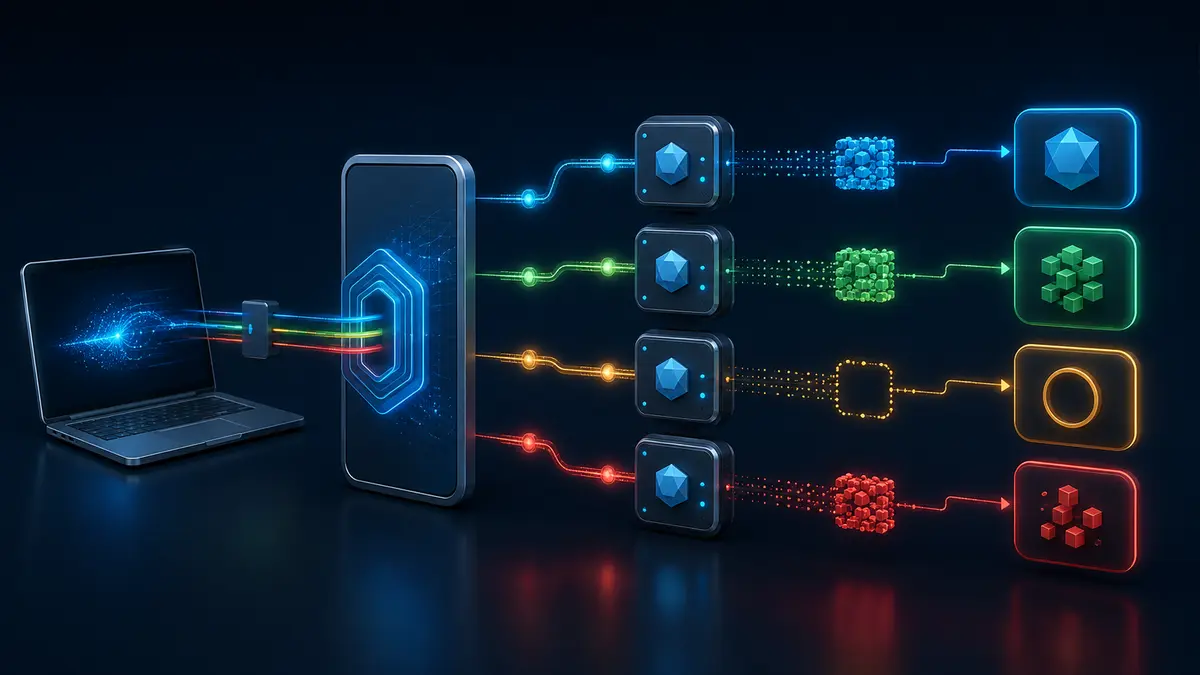 Fluxos coloridos representam diferentes operações e respostas entre um cliente e recursos de uma API