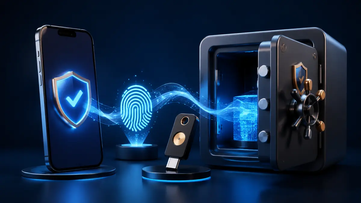 Celular, chave de segurança, biometria e cofre representando proteção em várias camadas