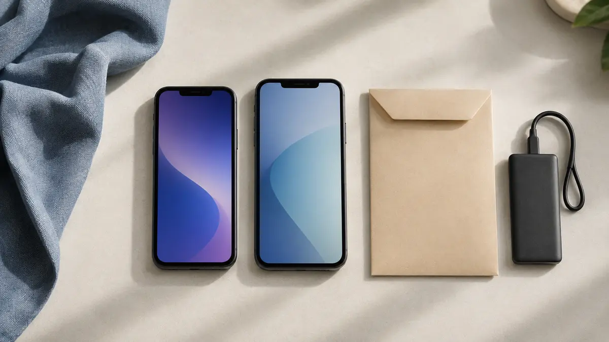Dois celulares ao lado de envelope sem marcações e dispositivo externo para representar migração e backup