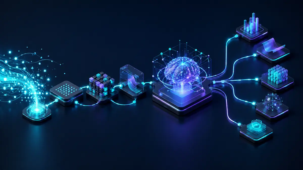 Fluxo de automação visual conecta uma entrada de dados, módulos de processamento, inteligência artificial e diferentes saídas
