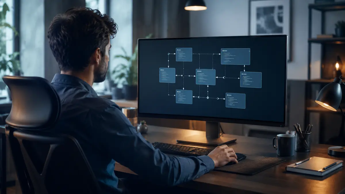 Desenvolvedor modela classes e objetos de uma aplicação Java em um monitor