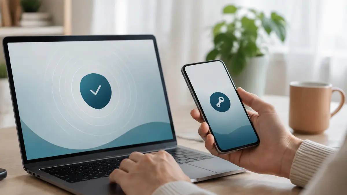 Pessoa usa uma passkey no celular para entrar com segurança em um notebook