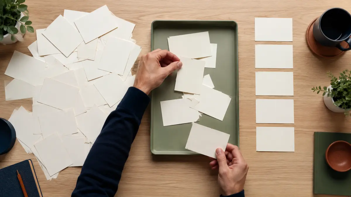 Vista superior de documentos passando por uma etapa de triagem e formando uma lista ordenada
