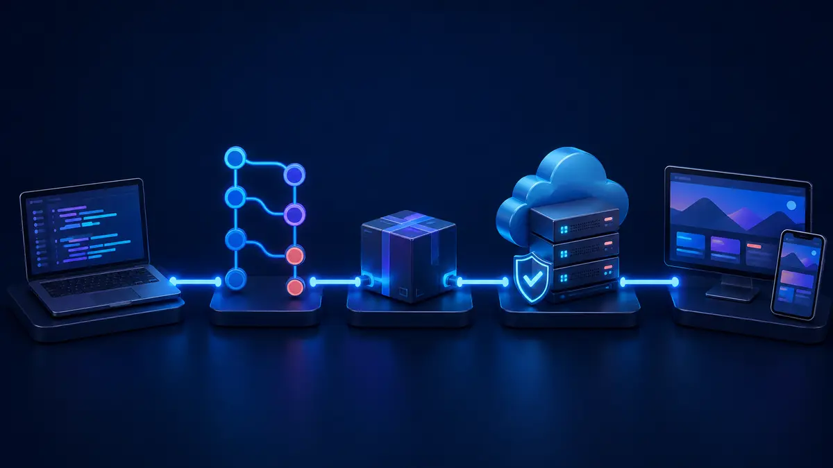 Etapas do deploy conectando código, versionamento, build, servidor e site publicado