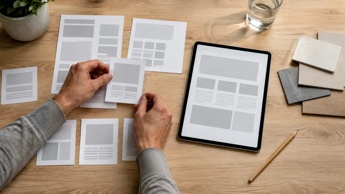 Pessoa organizando wireframes de papel ao lado de um tablet com layout abstrato