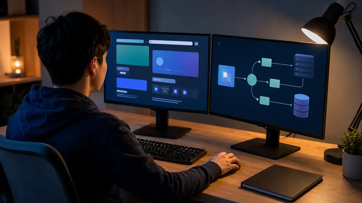 Pessoa praticando um projeto de interface e outro de API com banco de dados