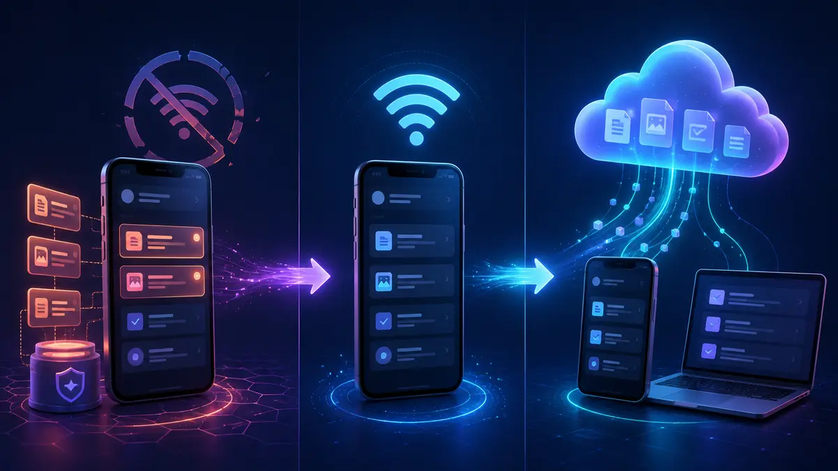Aplicação móvel armazenando alterações offline e sincronizando com a nuvem quando a conexão retorna