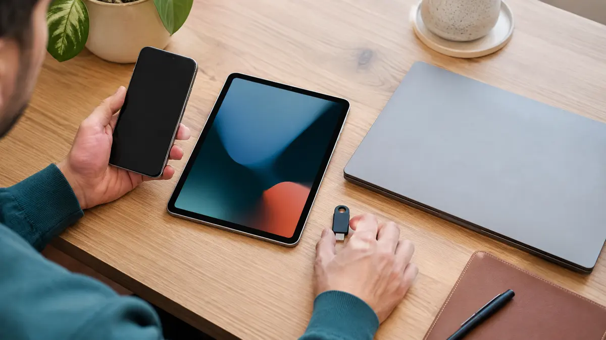 Pessoa organiza celular, tablet, notebook e chave física como opções seguras de acesso