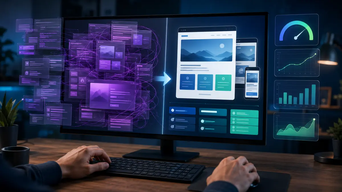 Comparação visual entre estilos desorganizados e uma interface modular otimizada acompanhada por métricas