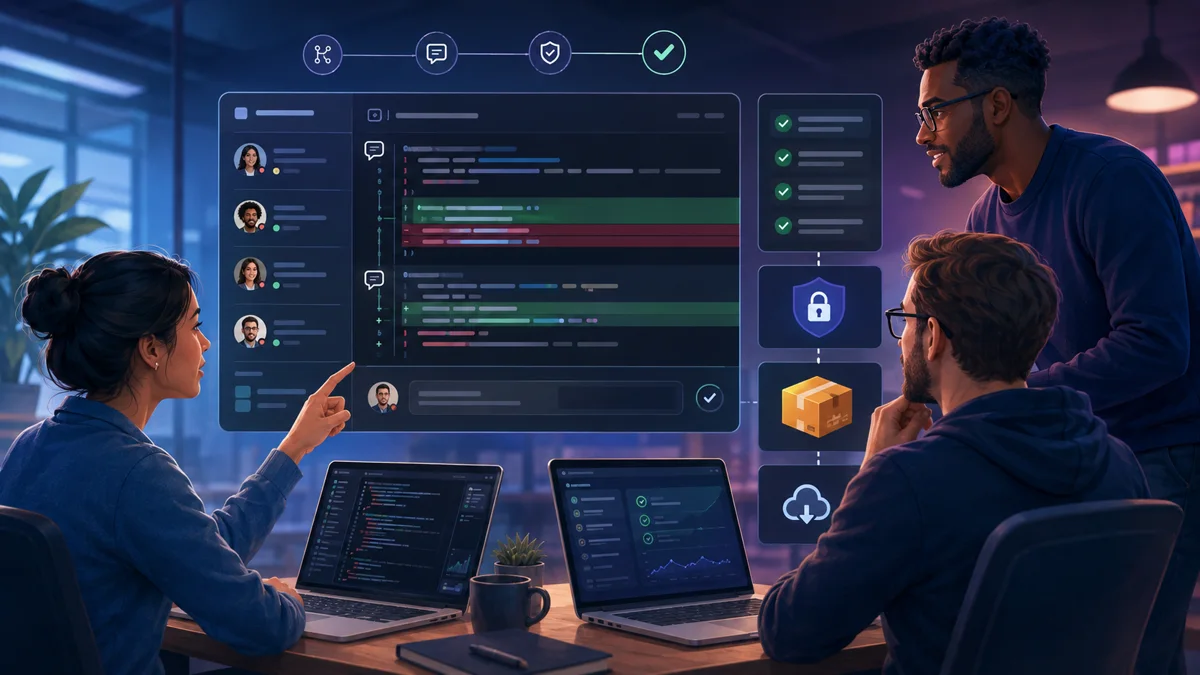 Equipe realizando revisão de código colaborativa