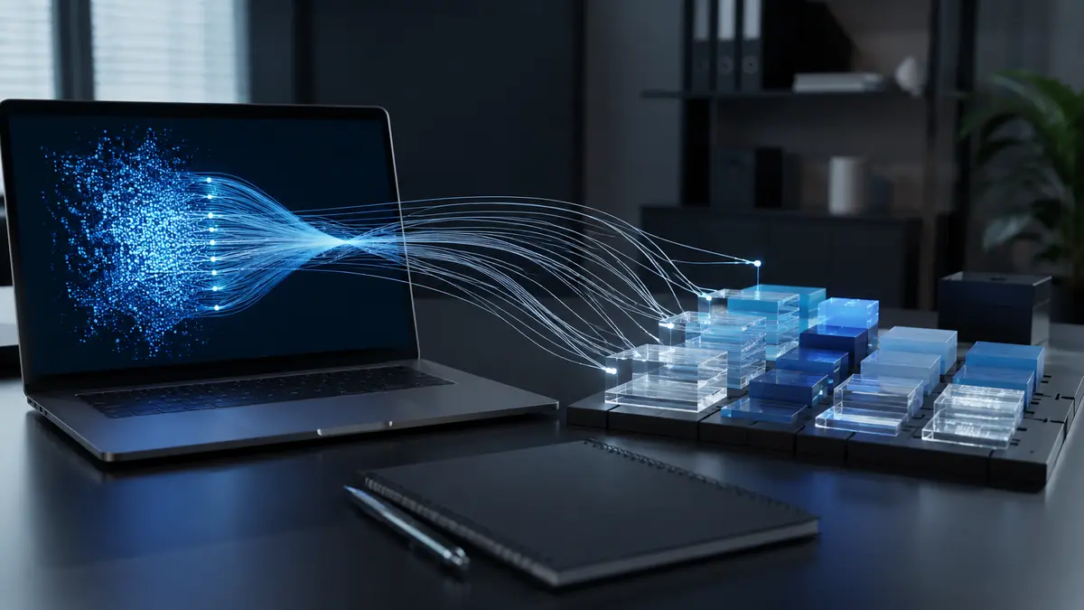 Fluxo de inteligência artificial convertido em blocos de dados organizados