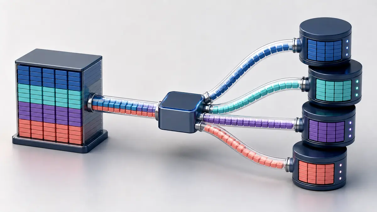 Conjunto de dados passa por um roteador e é dividido igualmente entre quatro shards