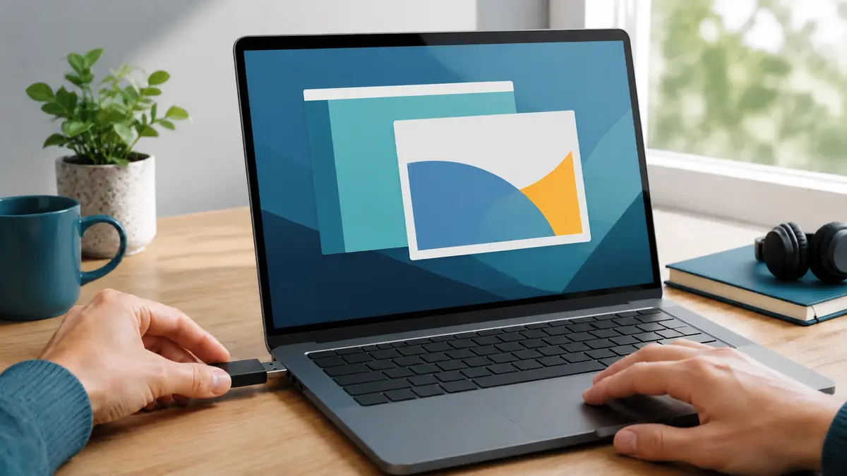 Pessoa conectando um pendrive a um notebook com ambiente de trabalho abstrato