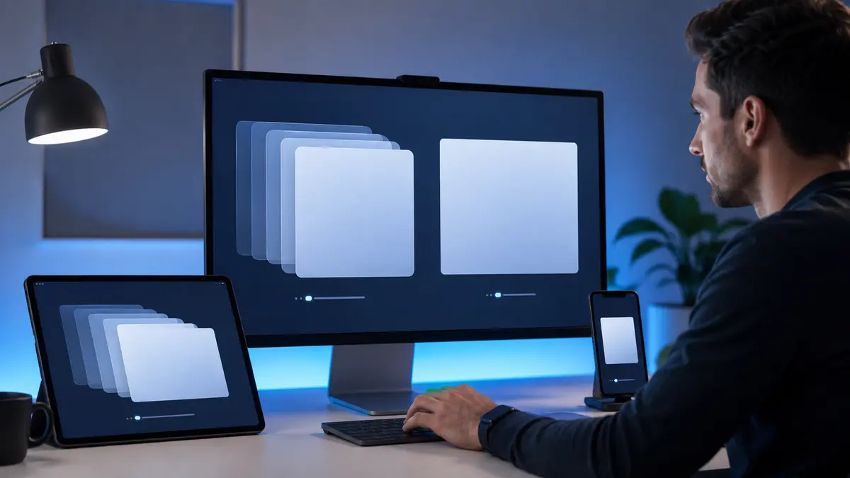 Desenvolvedor testando uma animação de interface no computador, tablet e celular