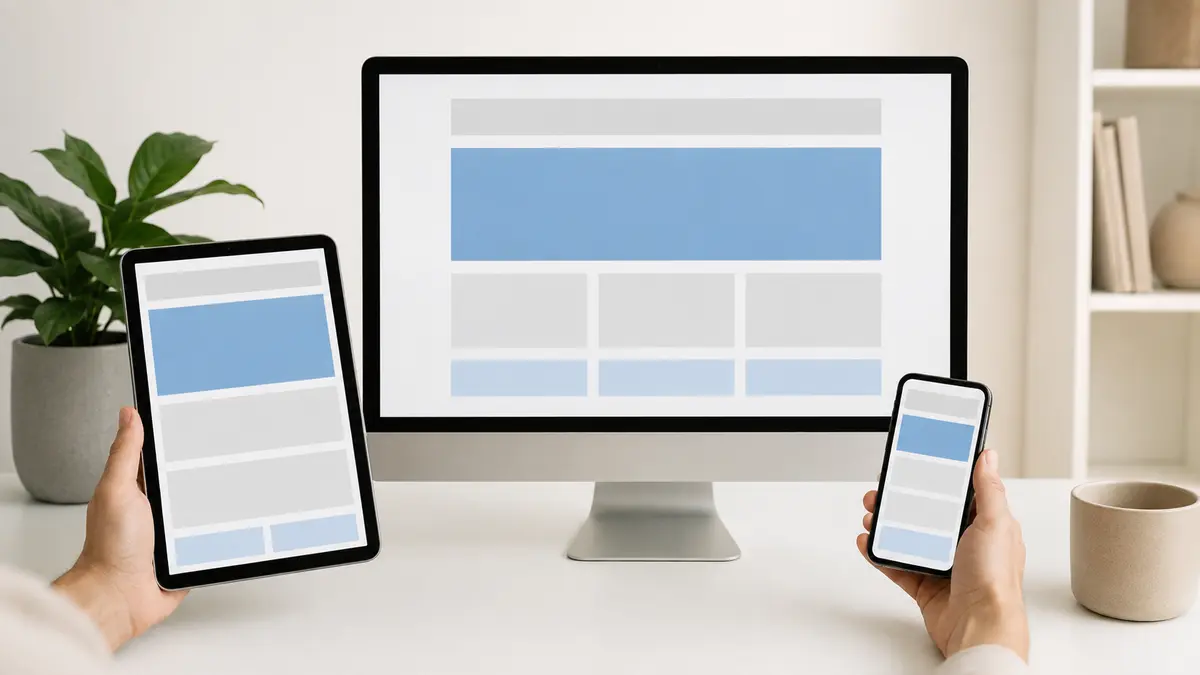 Pessoa comparando o mesmo layout de site em monitor, tablet e celular