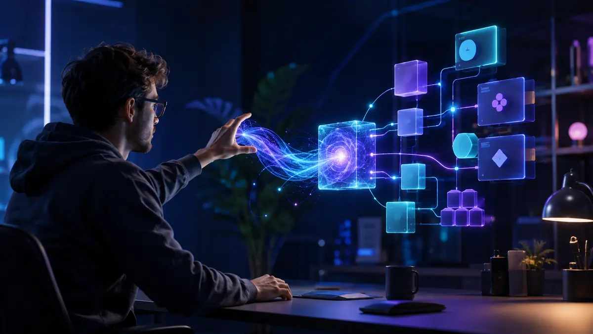 Desenvolvedor orienta uma inteligência artificial que transforma intenção em módulos conectados de software