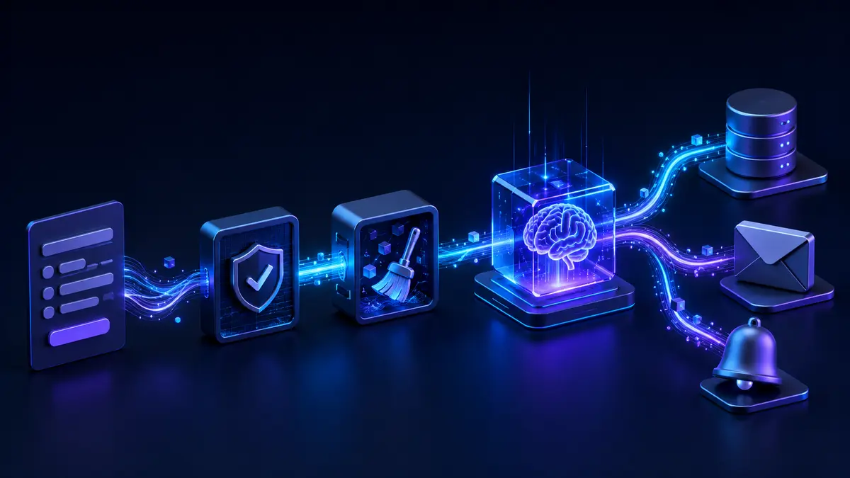 Workflow visual recebe dados, valida e organiza informações, usa inteligência artificial e envia resultados para banco, e-mail e notificação