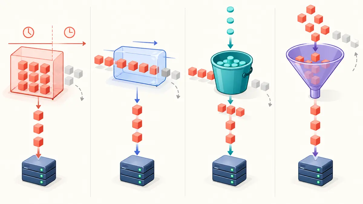 Comparação visual dos algoritmos janela fixa, janela deslizante, token bucket e leaky bucket
