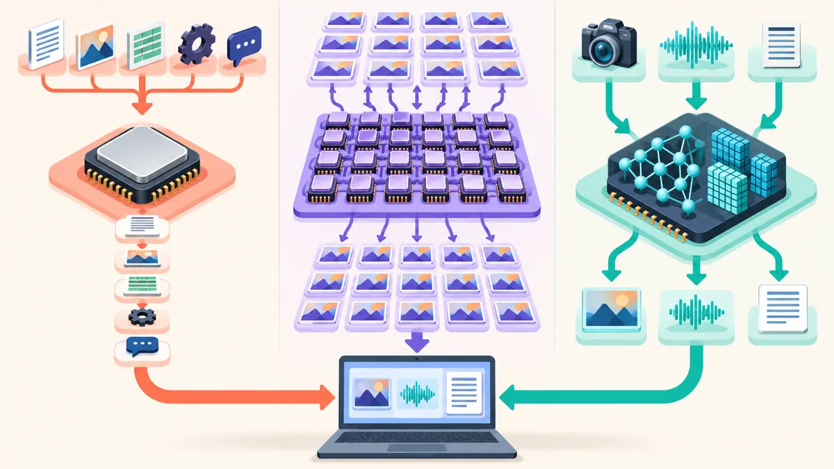 Comparação visual entre CPU, GPU e NPU executando diferentes tipos de processamento