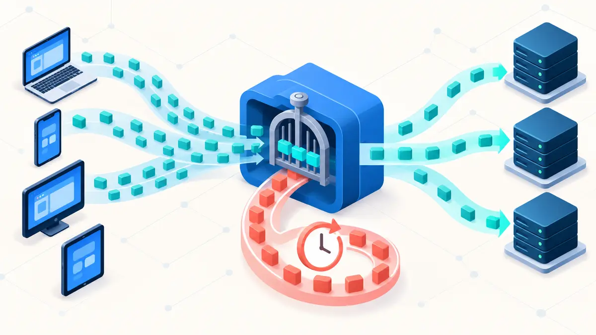 Diagrama mostra requisições de API sendo dosadas antes de chegar aos servidores