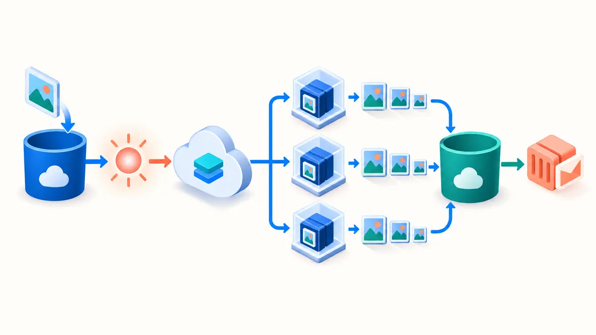 Fluxo serverless mostra arquivo acionando funções paralelas, armazenamento e fila de mensagens