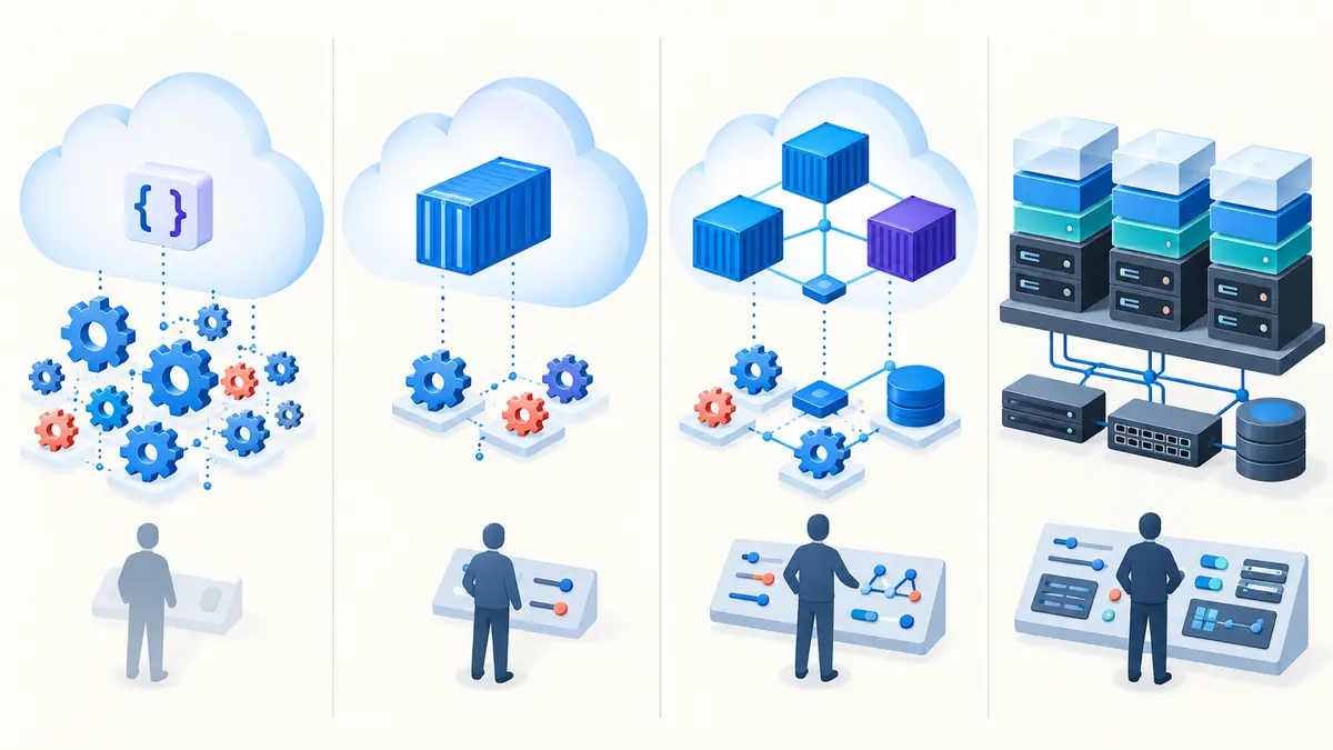 Comparação visual entre FaaS, contêiner serverless, contêiner orquestrado e máquina virtual